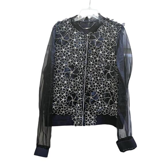 Elie Tahari Navy Silver Floral Lace Sheer Organza Silk Bomber Jacket Size Medium - Picture 1 of 12
